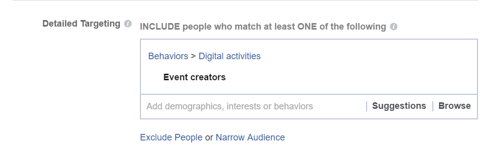 Screenshot of Facebook Event Planner Targeting