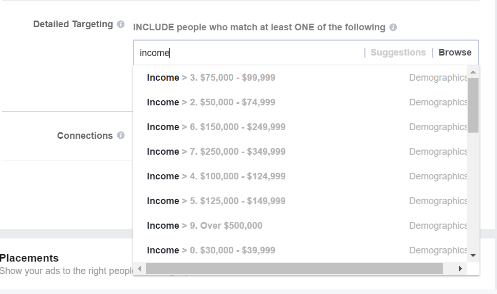 Facebook Income Targeting Screenshot