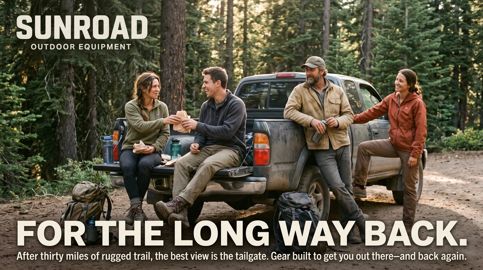 Outdoor enthusiasts gathered around a pickup truck in a forest, with Sunroad campaign artwork