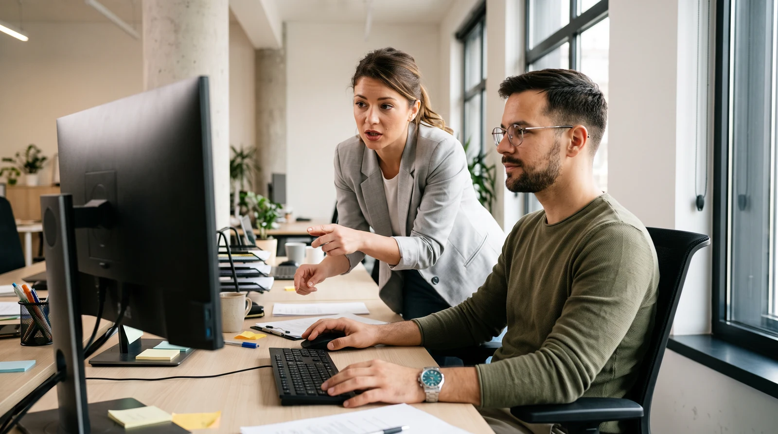 Two colleagues reviewing a desktop monitor in a bright office